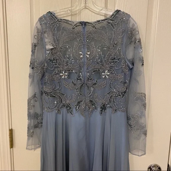XSCAPE Petite Sequin Embellished Long Sleeve BoatNeck Chiffon Gown in Dusty Blue - Picture 8 of 10